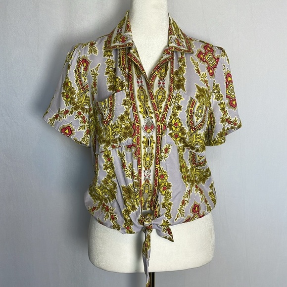 Anthropologie Maeve Echarpe Medallion Scarf Print Blouse Sz 6 Cropped Casual EUC - Picture 2 of 11